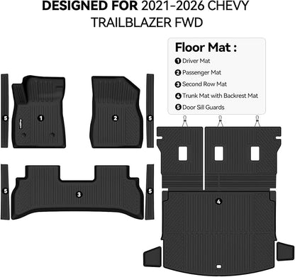 Floor Mats for 2021-2026 Chevrolet Trailblazer FWD(Only Fit Cargo in Upper Deck Position), Trunk Mat & Backrest Mat & Door Sill Guard All Weather TPE Protector for Trailblazer Accessories