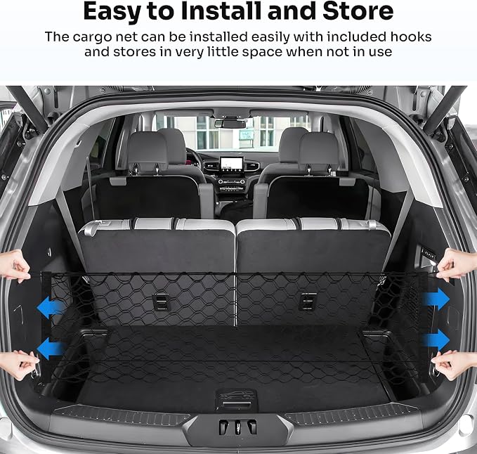 Canvcle Trunk Cargo Net for 2020-2026 Ford Explorer Accessories Envelope Style Mesh Trunk Net Organizer and Storage Stretchable Adjustable Elastic Nylon Rear Cargo Netting with Hooks