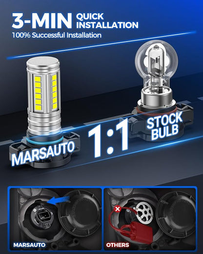 Marsauto 5201 5202 LED Fog Light Bulbs, 12,000LM PS24W LED Fog Light Bulbs, 360° Illumination 6500K Strong Penetration, 1:1 Mini Size Upgraded 60 Pcs Chips 5202 Fog Light Bulb, Accessory Light Kits