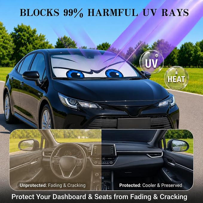 Car Windshield Sun Shade, Funny Eyes Sun Visor for Car Windshield Universal Fits Sedan Compact Car Hatchback SUV, UV Heat Protection - 59 x 27.5