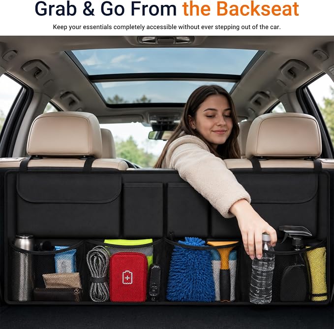 Car Trunk Organizer, Large Capacity Backseat Trunk Storage Organizer with 8 Pockets, Foldable SUV Cargo Organizer for SUV, Truck, Van & MPV, Black
