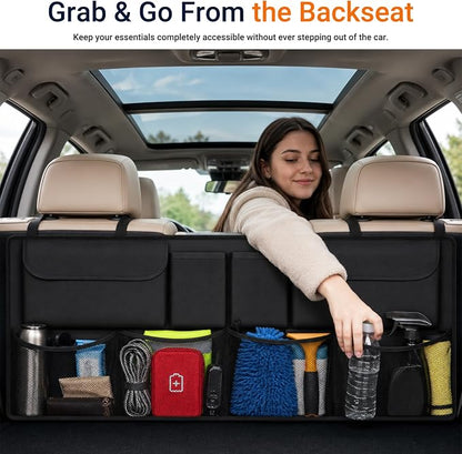 Car Trunk Organizer, Large Capacity Backseat Trunk Storage Organizer with 8 Pockets, Foldable SUV Cargo Organizer for SUV, Truck, Van & MPV, Black