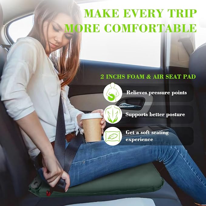 Inflatable Seat Cushion, Self-Inflating Memory Foam Stadium Seats Cushion Portable Camping Air-Foam Sitting Pad for Travel Airplane Car Bleachers Backpacking Office, Lightweight & Compact