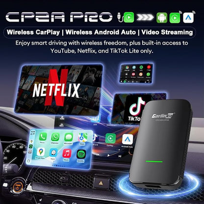 Carlinkit CP2A Pro Wireless CarPlay Adapter- Supports for Netflix/YouTube/TikTok Lite Streaming for Factory Wired CarPlay Cars, Wireless Android Auto & Car Play Dongle, USB-A/C, Online Upgrade