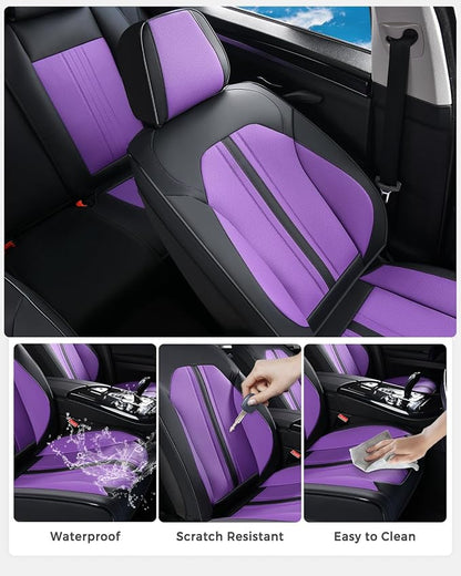 Huidasource Universal Car Seat Cover, Luxury Faux Leather Car Seat Cover Set Velcro Adjustable with Airbags, Thinning Design Perforation Cooling＆Heating Fit for Most Cars Vans Trucks SUVs Black&Purple