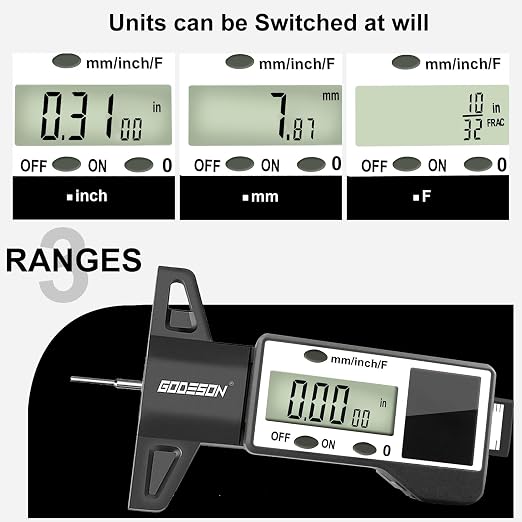 GODESON Digital Tire Tread Depth Gauge -Reads 32NDS, Inch & MM/Solar/Battery Hybrid Power/1" (25.4mm) Range/Accurate Tire Thread Depth Gauge Tool Suitable for Cars, Trucks, Motorcycles