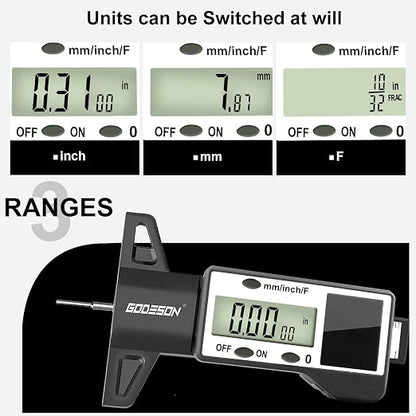 GODESON Digital Tire Tread Depth Gauge -Reads 32NDS, Inch & MM/Solar/Battery Hybrid Power/1" (25.4mm) Range/Accurate Tire Thread Depth Gauge Tool Suitable for Cars, Trucks, Motorcycles