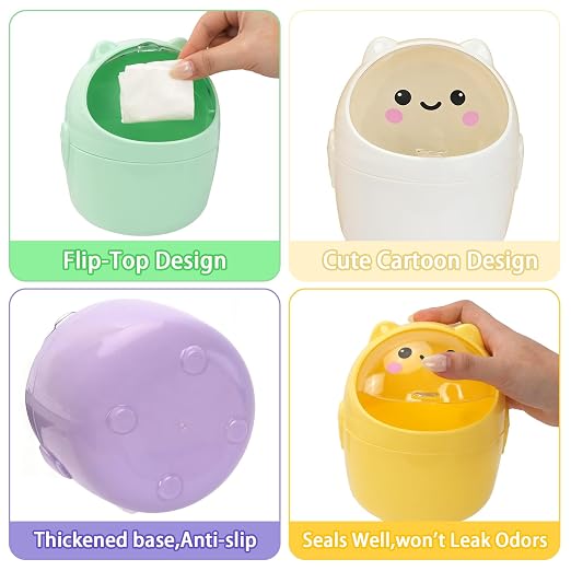 Mini Trash Can, Cute Small Trash Can with Lid, Desktop Paper Bin with 5 Rolls of Bin Liners, Portable Tabletop Dustbin, Cartoon Animal Rubbish Storage for Office Bedroom Desk Kitchen(Yellow)