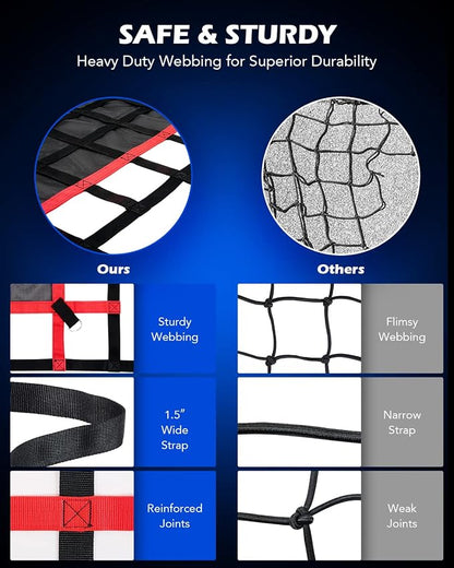 Orion Motor Tech Cargo Net for Pickup Truck Bed, 6'x4.8' Truck Bed Net for SUV ATV Oil Rig Cargo Rack, Heavy Duty Pickup Cargo Net Safety Mesh Net with S-Hook Straps Tie Down Strap Bungee Cord