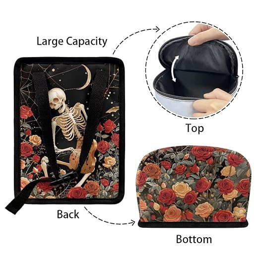 Skull Vintage Roses Pattern Car Trash Can with Lid and Zipper Portable Foldable Trash Bin for Car Interior Accessories Multipurpose Garbage Can Bags Storage Organizer Halloween Decor