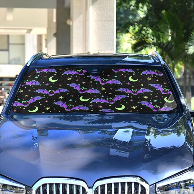 Neon Bats Moons Stars Windshield Sun Shade for Car Auto SUV Truck Foldable Front Window Sunshade Sun Visor Protector Block UV Rays Reflect Heat, 55" x 28"