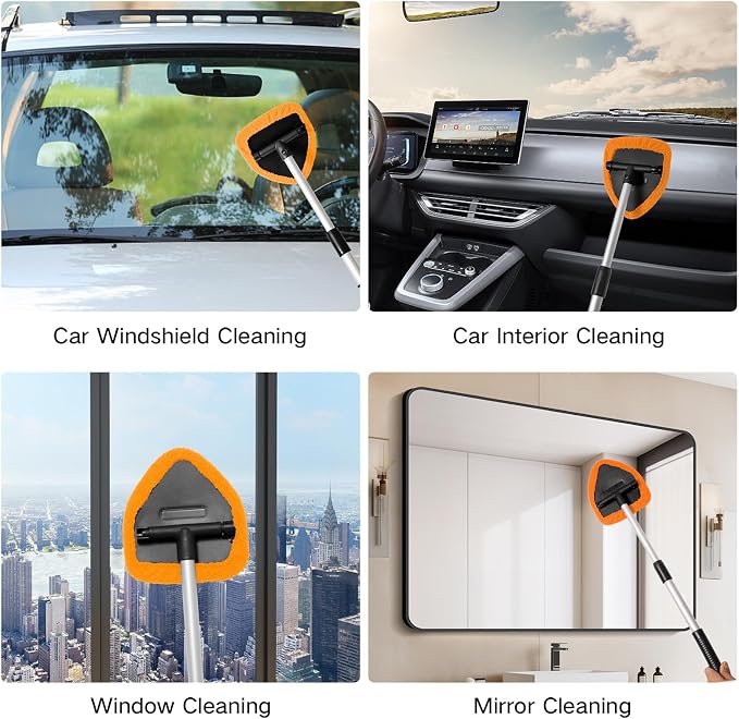 Qydipclin 7pcs Windshield Cleaner Tool Car Window Cleaning Wash Kit with 4 Reusable Microfiber Pads 1 Spray Bottle and Extendable Handle Auto Glass Wiper Kit, Orange