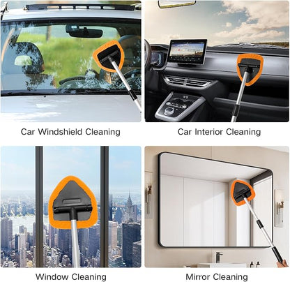 Qydipclin 7pcs Windshield Cleaner Tool Car Window Cleaning Wash Kit with 4 Reusable Microfiber Pads 1 Spray Bottle and Extendable Handle Auto Glass Wiper Kit, Orange