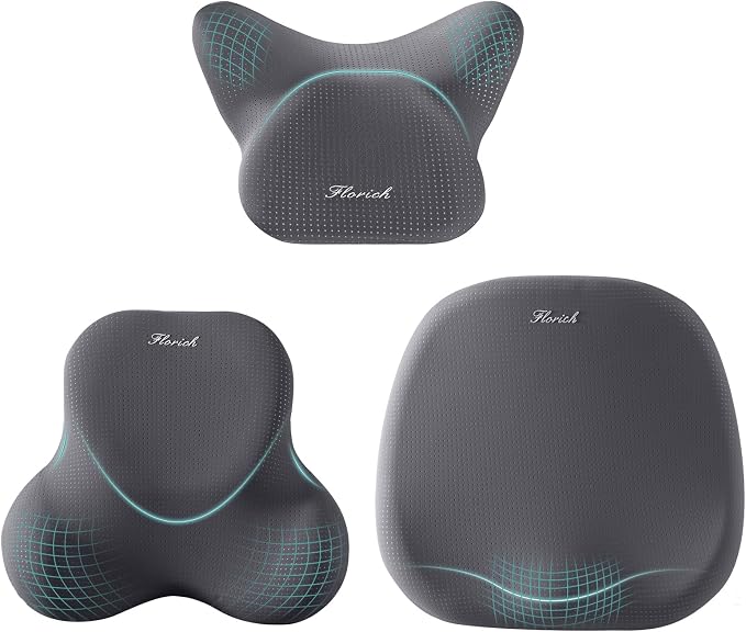 FLORICH Car Seat Cushion and Lumbar Support Pillow for Office Chair Car, Neck Headrest Pillow, Ergonomic Memory Foam, Pressure-Relieving Back Support for Car, Office Chair & Wheelchair – Gray