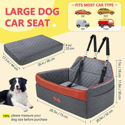Dog Car Seat for Medium Large Dogs, Detachable Washable Pet Booster Seat with Memory Foam Cushion, Side Pockets, 2 Clip-On Safety Leashes Pet Car Seat for Dog Up to 60 lbs/2 Small Dogs-Grey