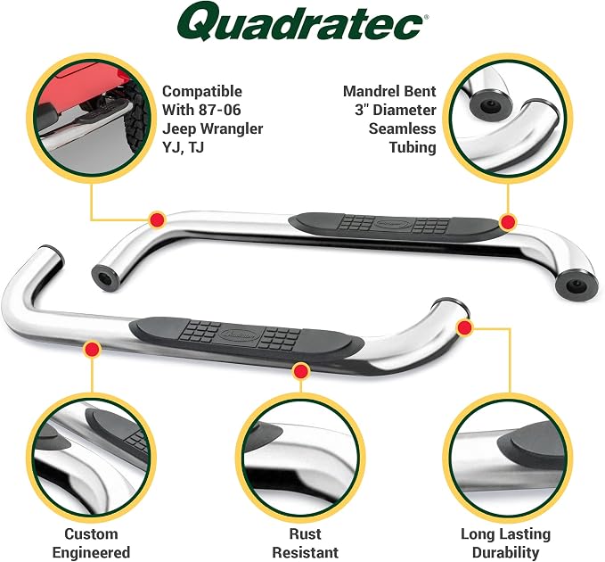 Quadratec QR3 Heavy Duty Side Step, Set of 2, Stainless Steel - Fits Jeep Wrangler YJ & TJ 1987-2006 - Non-Slip Nylon Pad Running Boards - Round 3" Diameter Mandrel Bent Tube