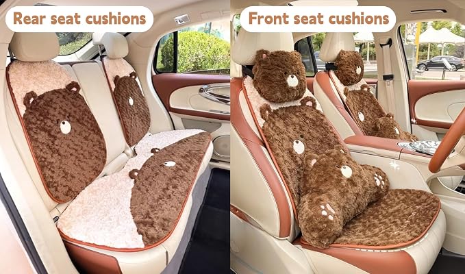 Cute Fluffy Bear Car Seat Cushions Covers Front and Rear Seat Pads Full Set 11PCS for 5 Seats, Winter Warm Automotive Interior Accessories for Cars SUV, Truck, Pickups (Brown Bear - 11pcs)