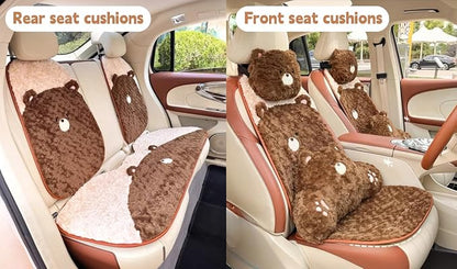 Cute Fluffy Bear Car Seat Cushions Covers Front and Rear Seat Pads Full Set 11PCS for 5 Seats, Winter Warm Automotive Interior Accessories for Cars SUV, Truck, Pickups (Brown Bear - 11pcs)