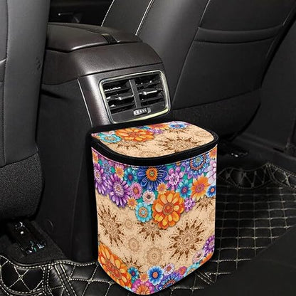 BIGCARJOB Hippie Lotus Blossom Car Trash Can for Back Seat,Personalized Car Trash Can Bin with Lid,Women Car Accessories Multipurpose Hanging Car Garbage Can for Travel