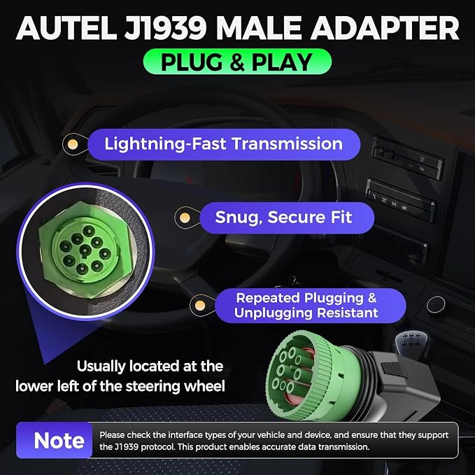 Autel Original Type 2 Green 9pin J1939 to 16pin OBD2 Female Adapter, Male to J1962 OBDII Connector, Work for Heavy Duty Trucks, Used for ELD Device & GPS Tracker & Truck Scanner