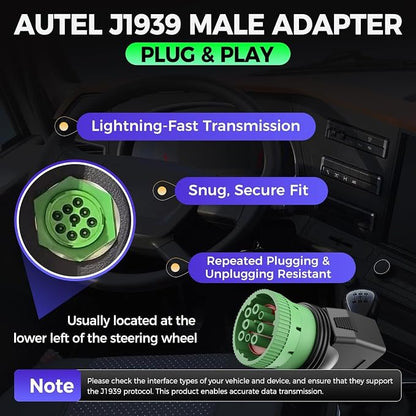 Autel Original Type 2 Green 9pin J1939 to 16pin OBD2 Female Adapter, Male to J1962 OBDII Connector, Work for Heavy Duty Trucks, Used for ELD Device & GPS Tracker & Truck Scanner
