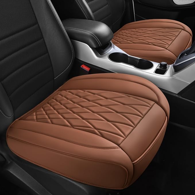CAR PASS 2 Pack Leather Front Car Seat Covers, Bottom Seat Covers Full Wrapped with Storage Pocket, Anti-Slip Leather Seat Protectors,Waterproof Seat Cushion Pad Universal Fit Sedan SUV Truck, Brown