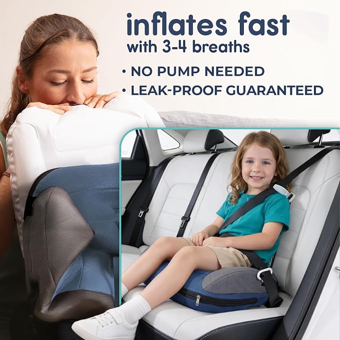 Hiccapop UberBoost Inflatable Backless Booster Seat for Kids, Portable Travel Car Seat | Ocean Steel Blue