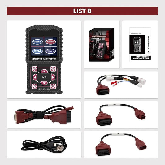 M3‑B Motorcycle Diagnostic Tool for KYMCO 3P, SYM 3P, Yamaha 2/3/4P – Read/Clear Fault Codes & Live Data, ECU/Service/Throttle Reset, ABS Bleed, OBD2 Scanner
