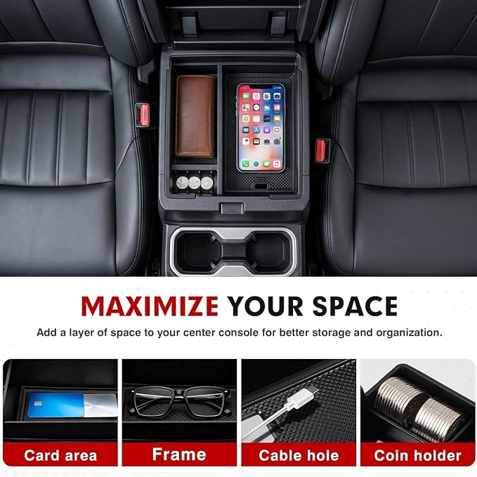 Autorder Center Console Organizer for 2024-2026 Toyota Tacoma Accessories - Armrest Storage Box Secondary Insert Tray with Black Non-Slip Silicone Mats