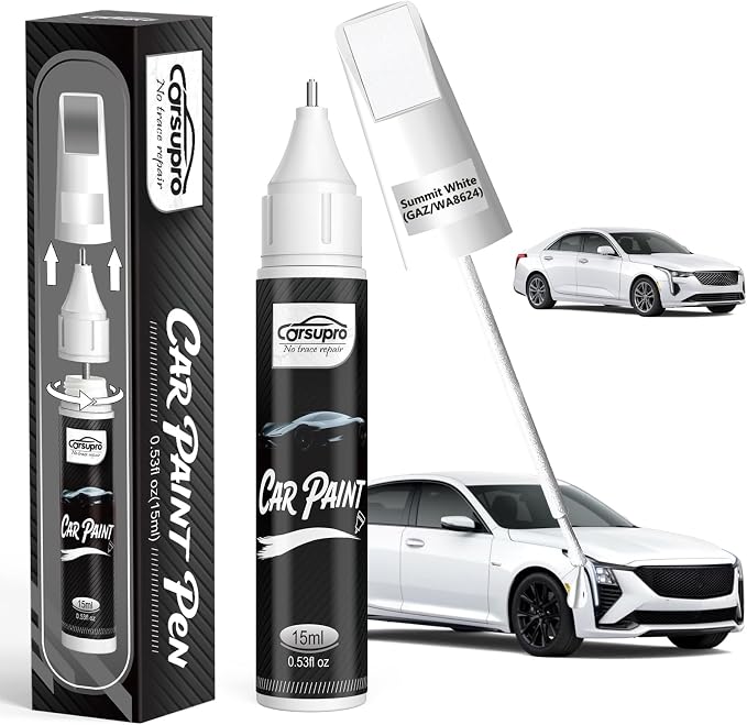 Summit White(GAZ/WA8624) for Cadillac Touch Up Paint Pen, 2 in 1 Car Scratch Remover with Pen Tip and Brush, Precise Color Match for Car Paint Scratch Repair, Quickly and Easily Fix Chips and Nicks