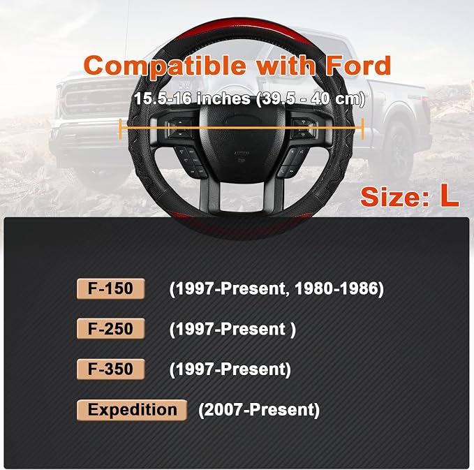 GIANT PANDA Car Steering Wheel Cover for Ford F150 F250 F350 Expedition 15.5-16 inches - Red