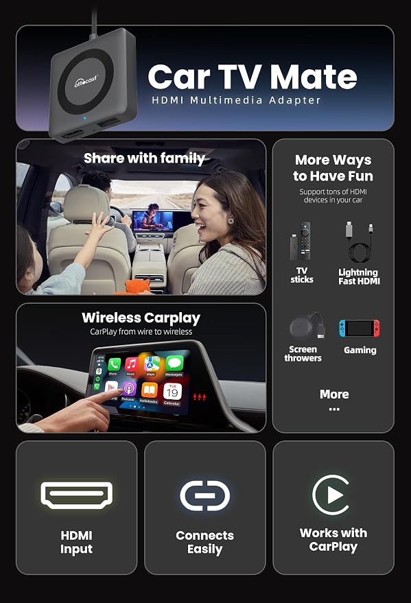 OTTOCAST Car TV Mate Pro & Wireless Carplay Adapter 2-in-1, Fire TV Stick Converter for Car - Plug & Play, Stable Fast, No Latency