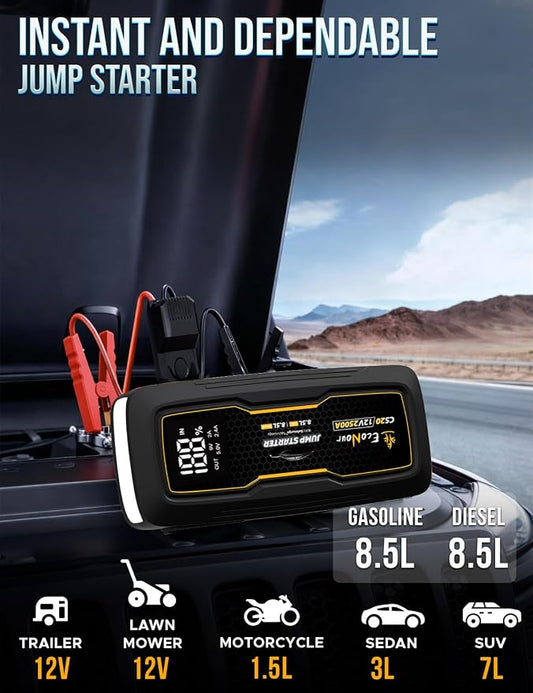 EcoNour 2500A Portable Jump Starter for Car | 12V Lithium Jump Box for 8.5L Gas and 8.5L Diesel Engines | Car Jump Starter - LCD Display, Emergency Flashlight and Jumper Cables