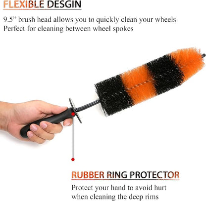TAKAVU Master Wheel & Tire Brush, Easy Reach Wheel and Rim Detailing Brush Long Soft Bristle, Car Tire Brush, Wheel Scrub Brush, Multipurpose use for Wheels Rims Exhaust Tips Motorcycles (Orange)