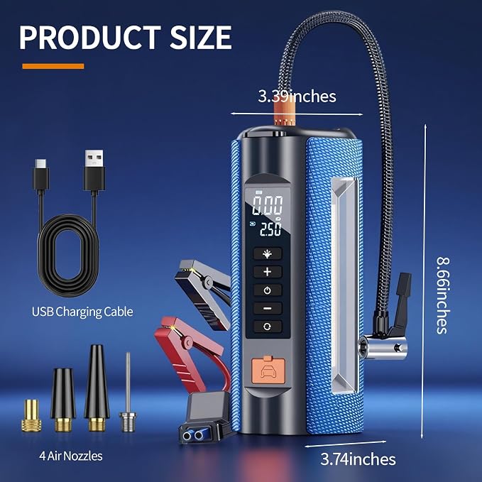 Car Battery Jump Starter with Air Compressor, 2500A Car Jumper Starter Portable150PSI, Battery Jumper Starter Portable Jump Box for Car Battery with 600LM,Jumper Cables, LCD Display