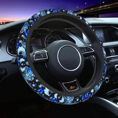 Blue Butterfly Steering Wheel Cover Universal 14.5-15 Inch Car Wheel Protector Anti-Slip Car Steering Wheel Accessories for Women Girls