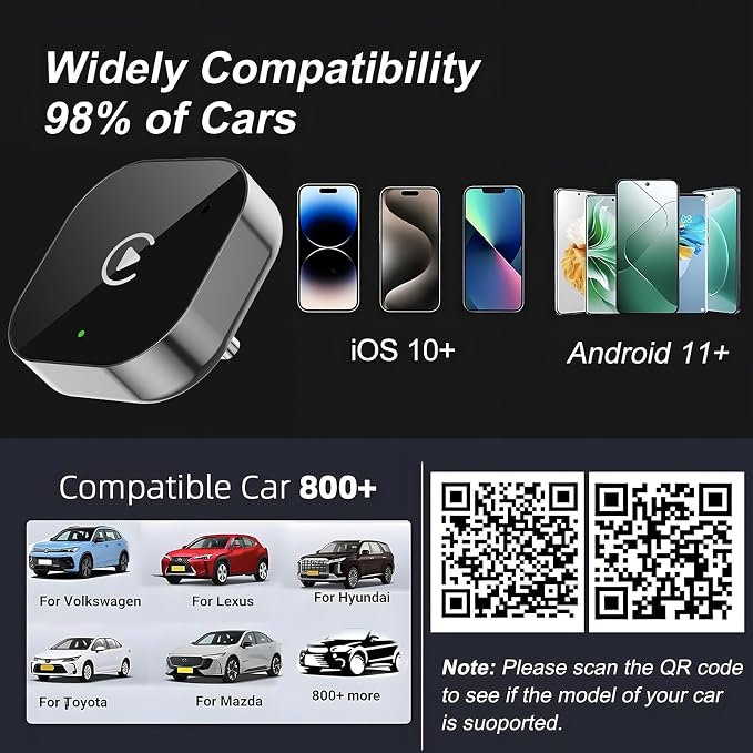 USB C Wireless CarPlay & Android Auto Adapter, Wired to Wireless Dongle | Plug & Play Compatible with iPhone & Android Smartphones.