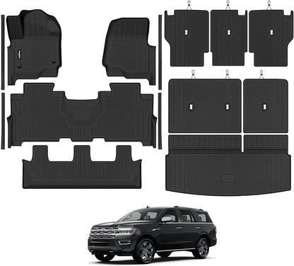 Floor Mats for 2018-2024 Ford Expedition 8 Seats/Bench Seats, Trunk Mat and 2nd/3rd Backrest Mat & Door Sill Guard All Weather TPE Protector for Ford Expedition Accessories