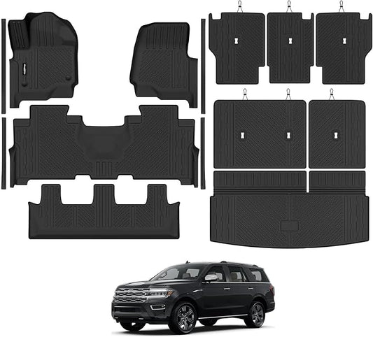 Floor Mats for 2018-2024 Ford Expedition 8 Seats/Bench Seats, Trunk Mat and 2nd/3rd Backrest Mat & Door Sill Guard All Weather TPE Protector for Ford Expedition Accessories