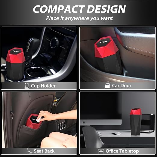 Car Cup Holder Trash Can, Car Trash Can with Lid, Mini Portable Trash Bin for Cars, Small Automatic Garbage Bin, Leakproof Cup Holder Trash Bin for Auto,Home,Office, Car Accessories (1, Red)