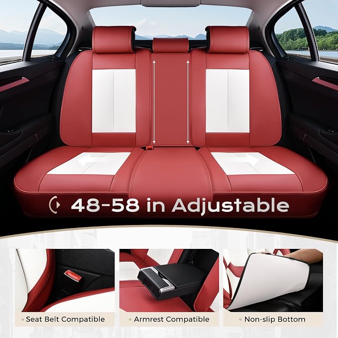 Coverado Seat Covers Full Set, 5 Seats Seat Covers for Cars, Waterproof Nappa Leather Car Seat Covers with Head Pillow, Seat Protectors Car Seat Cushion Universal Fit for Most Cars (Red&White)