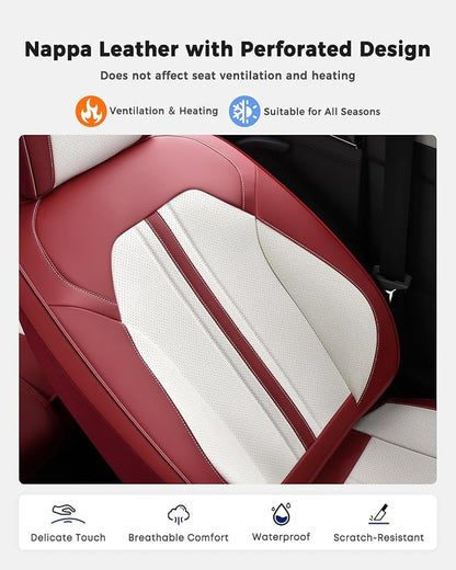 Huidasource Car Seat Cover, Luxury Faux Leather Seat Covers for Cars, Velcro Adjustable, with Airbags, Child Seat, Perforation Cooling＆Heating, Universal Fit for Most Cars Vans Trucks SUVs, Red＆White
