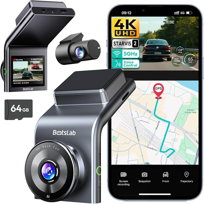 BOTSLAB G300 PLUS 4K DUAL Dash Cam Front and Rear [Updated Version], STARVIS 2 Sensor, 64GB Card Included, Voice Control, 5GHz WiFi Dashcam Front and Rear Camera, GPS,WDR Night Vision,24H Parking Mode