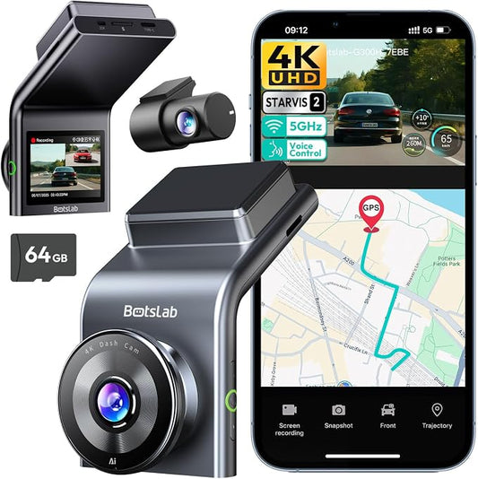 BOTSLAB G300 PLUS 4K DUAL Dash Cam Front and Rear [Updated Version], STARVIS 2 Sensor, 64GB Card Included, Voice Control, 5GHz WiFi Dashcam Front and Rear Camera, GPS,WDR Night Vision,24H Parking Mode