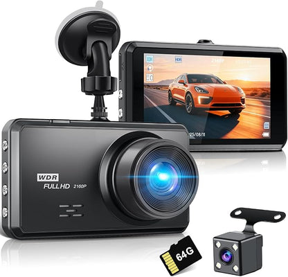 SHRINLUCK 2K Dual Dash Camera for Cars, Free 64G SD Card, FHD 2K+1080P Dash Cam Front and Rear,3.2'' IPS Screen,176° Wide Angle Dashcam,24H Parking Monitor,G-Sensor,Loop Recording,Night Vision,WDR