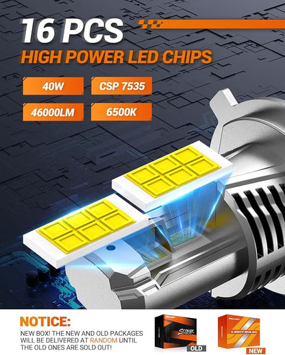 SEALIGHT H4/9003 LED Light Bulb, 1:1 Real Size, 900% Brighter than Origin, 46,000LM Super Output, 6500K Cool White with 25000RPM Fan, 3Mins Plug and Play, Pack of 2