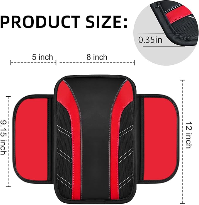 NBTEPEM 6 Pcs Red Car Accessories Set, Sport Leather Steering Wheel Cover 14.5-15inch Universal, Microfiber Leather Car Center Console Cover, Seat Belt Cushion, Cup Holder Coaster (Black-Red)