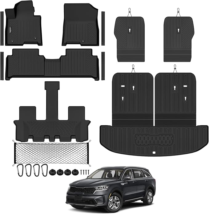 Tongama-Floor Mats for 2021-2026 Kia Sorento PHEV & Hybrid 6 Seats/Captain Seat, All Weather TPE Trunk Mat with Backrest Mat & 2nd Row Backrest Mats & Cargo Net & Door Sill Guards