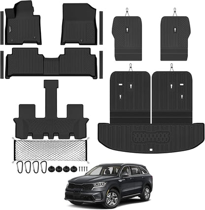 Tongama-Floor Mats for 2021-2026 Kia Sorento PHEV & Hybrid 6 Seats/Captain Seat, All Weather TPE Trunk Mat with Backrest Mat & 2nd Row Backrest Mats & Cargo Net & Door Sill Guards