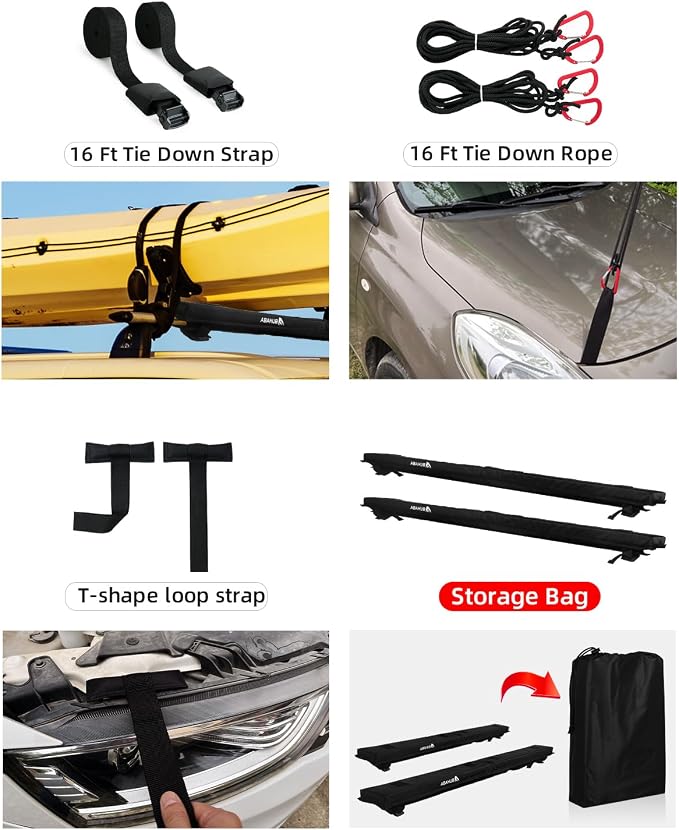 Abahub Soft Roof Rack Pads with 2 Tie Down Straps, 2 Tie Down Ropes, 2 Hood Loops and Storage Bag, for Surfboard, Kayak, Canoe, Heavy Duty Universal Car Roof Racks System Black 44 Inch